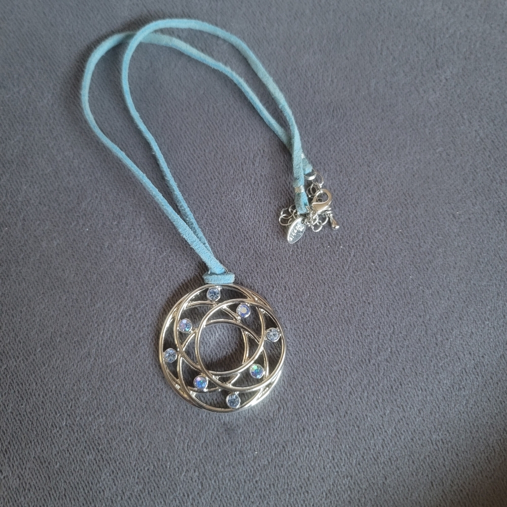 Lia Sophia Silver & AB Crytal Necklace On Liggt Blue Cord